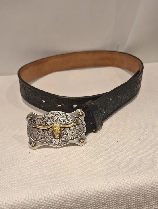 Tony Lama Boys Western Leather Belt with Longhorn Steerhead Buckle - Black