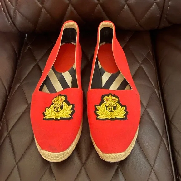 Christian Louboutin Red Canvas Espadrille Slip-Ons with Gold Crest