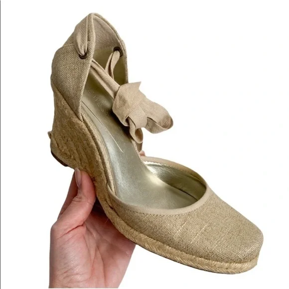 Nine West Golano Ankle Wrap Espadrille Wedge Sandals Metallic Gold