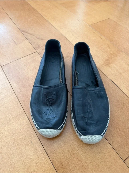 Yves Saint Laurent Black Leather Espadrille Flats with Natural Jute Toecaps