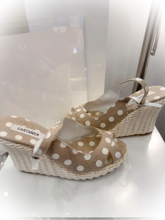 New Never worn Castanet Beige Polka Dot Espadrille Wedge Sandals Made in Spain