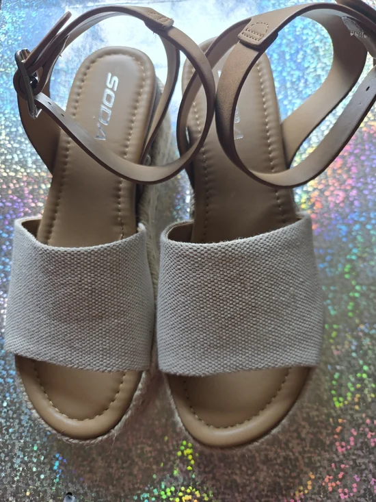 Soda Clip Women's Beige Canvas Cognac Ankle Strap Espadrille Wedge Sandals Sz 6