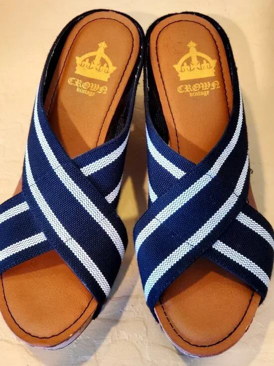 Cork Wedge Navy Blue & White Sandals Slip On Shoes Wedge Nautical Espadrilles