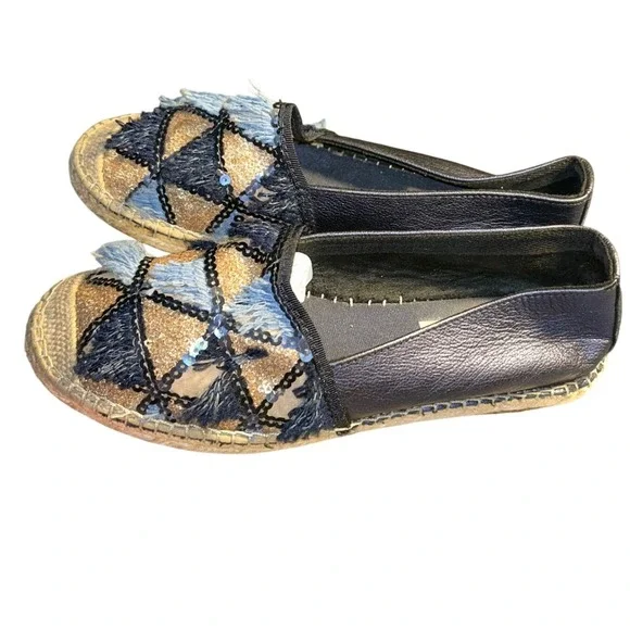 Vidorreta Spain Espadrilles Blue Denim‎ Fringe Sequin Gold  Flats Size 37(US 7)