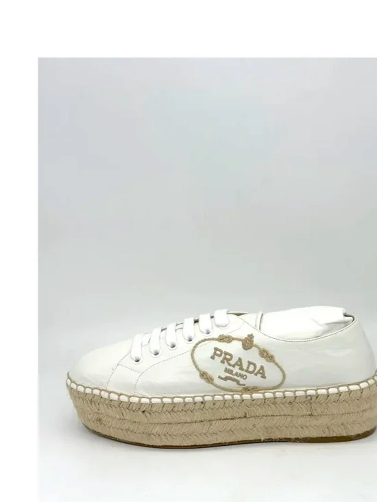 PRADA White Leather Espadrille Platform Sneaker with Jute Sole 38
