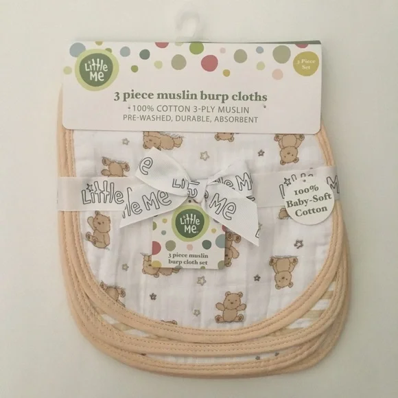 NEW 3 Cotton Muslin Burp Cloths Teddy Bears Stripes Stars Print | Little Me