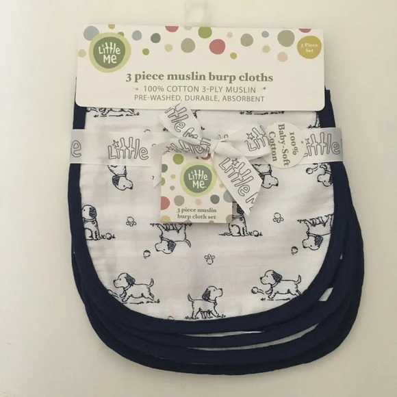 NEW 3 Cotton Muslin Burp Cloths Puppy Dogs Print Stripes Solid | Little Me
