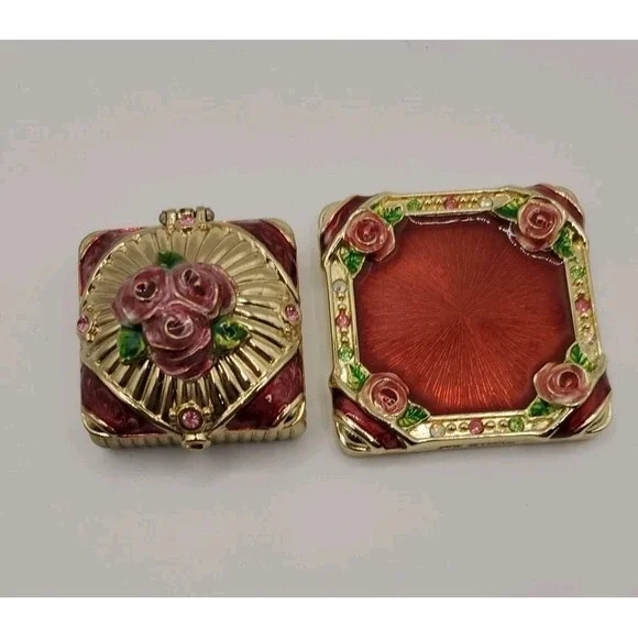 Jane Seymour Gift Present Trinket Pill‎ Jewlery Box & Mirror. Enamel Rose Flower