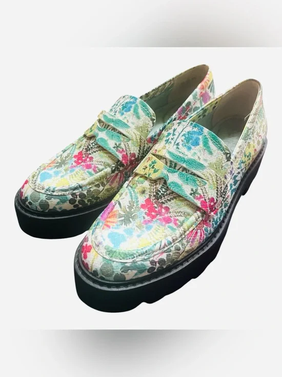 Franco Sarto Balin Floral Faux Leather Penny Loafers Chunky Lug Sole Size 6.5