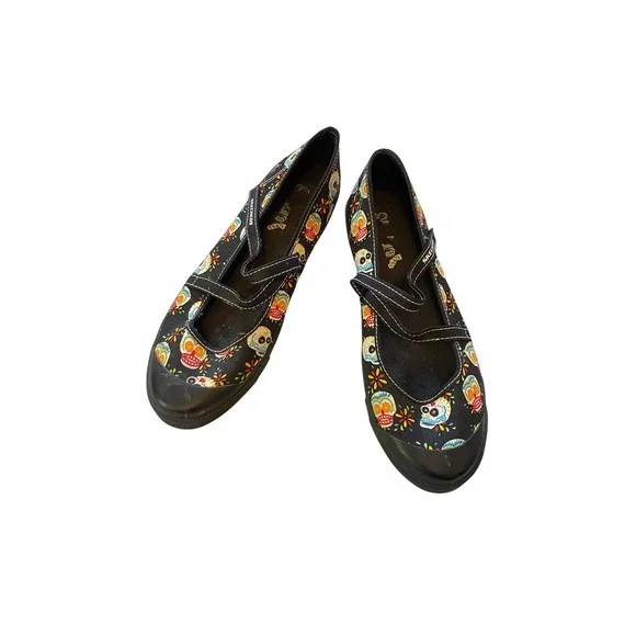 Y2k skechers Women Sugar Skull‎ Day of the Dead Mary Jane Black Flats Size 10