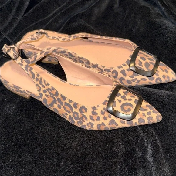 Nordstrom Leopard Print Pointed Slingback Flats with Decorative Metal Buckle