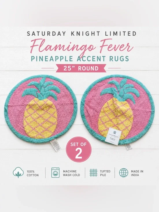 NEW! Set of 2 Saturday Knight Flamingo Fever Pineapple Accent Rugs 25” Round NWT