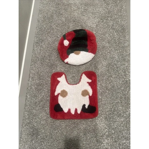 At home Bathroom Bath Set Toilet Lid‎ Cover Contour Mat Rug Gnome Christmas