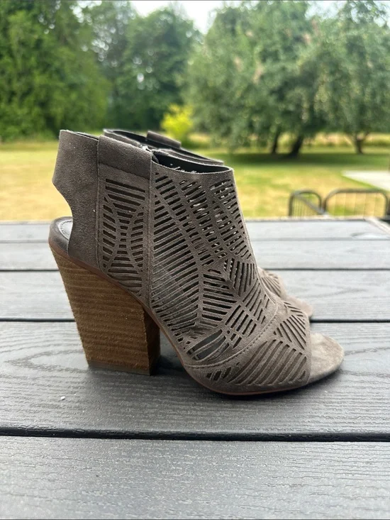 Vince Camuto Taupe Laser-Cut Open-Toe Block Heel Booties