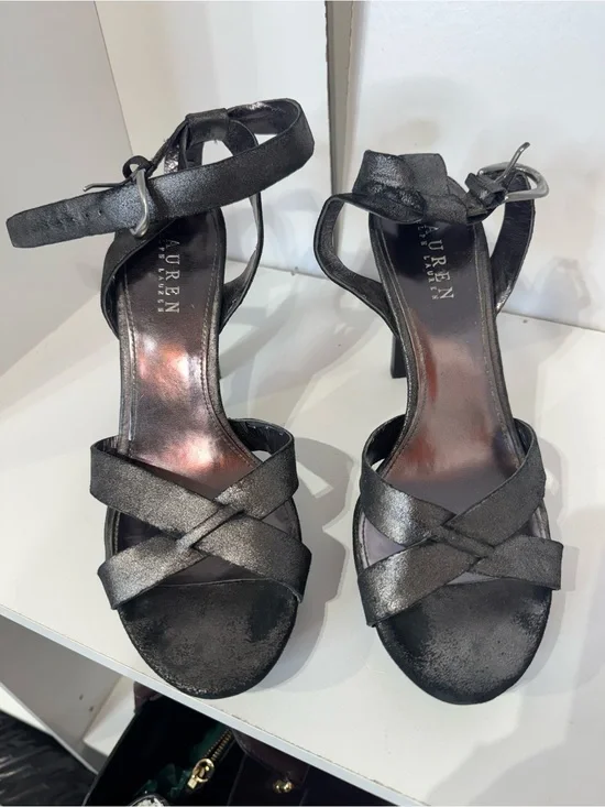 Lauren Ralph Lauren Metallic Black Strappy Ankle-Heel Sandals