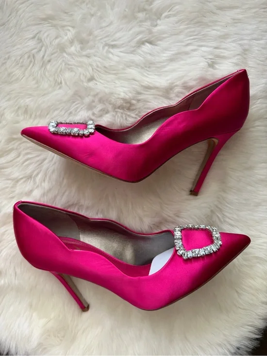 New! Sam Edelman Fuchsia Satin Pointed Toe Crystal Buckle Pumps