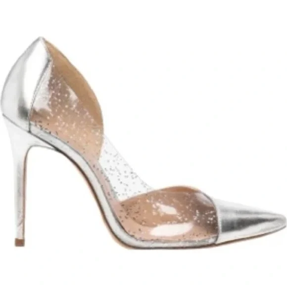 Schutz‎ Cendi Ann Silver Metallic Glitter Clear Vinyl D 'Orsay Heels 8.5B FLAW