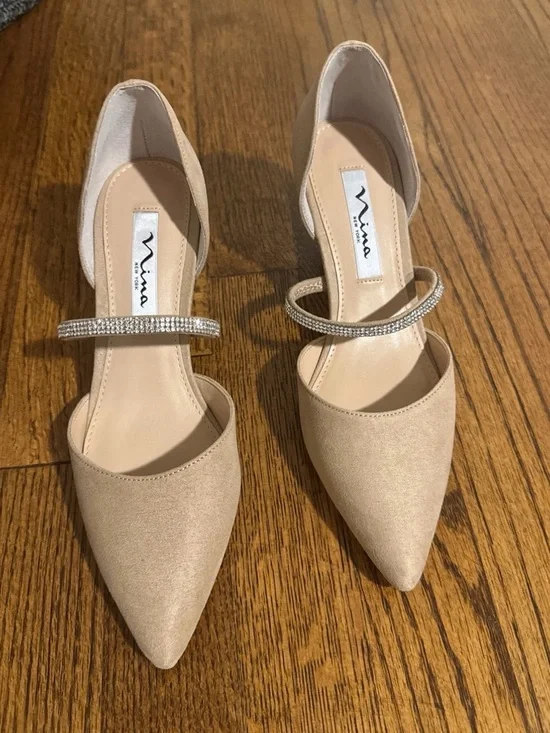 Nina Beige Pointed Toe D'Orsay Flats with Rhinestone Strap