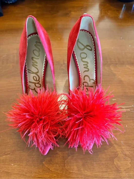 Sam Edelman Red Feather Pom Pointed-Toe Heels