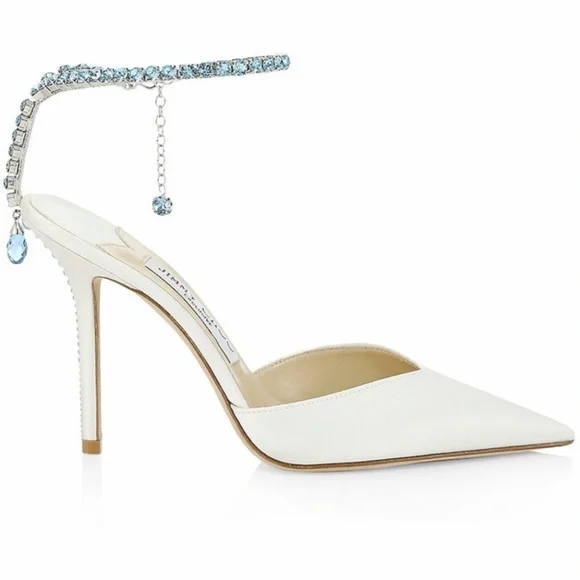 Jimmy Choo White Pointed Toe Crystal-Ankle Strap Stiletto Heels