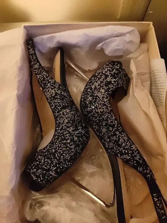Vince Camuto Black Glitter Peep-Toe Evening Pumps