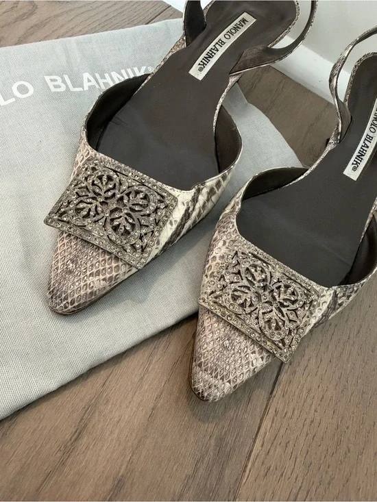 Manolo Blahnik Beige Snakeskin Crystal Buckle Slingback Pumps