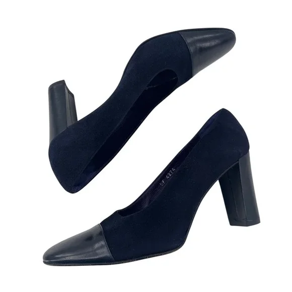 Ralph Lauren Purple Label Pumps 8 Navy Suede Leather Cap Toe Block Heels