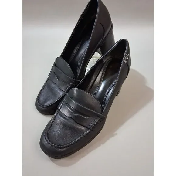 Lauren Ralph Lauren Womens Black Leather Block Heel Penny Loafers Pumps Size 8B