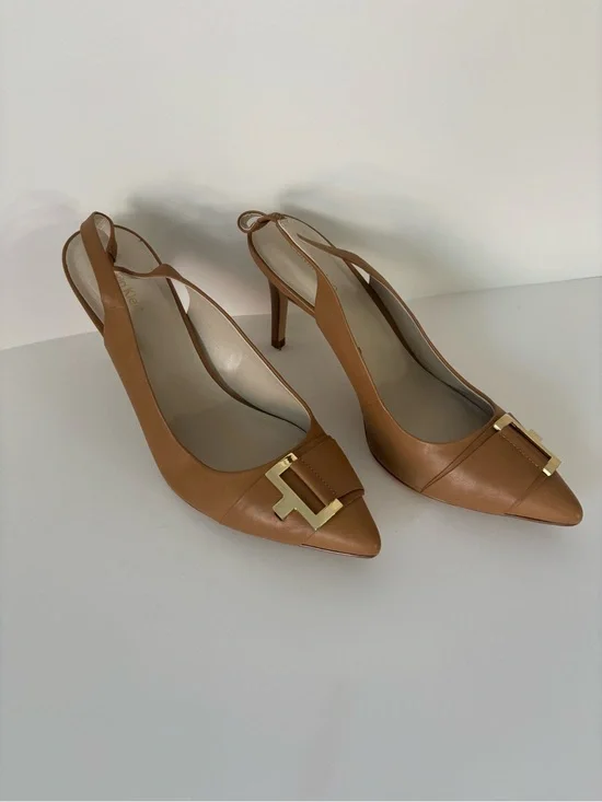 Calvin Klein Women's Tan Pointed-Toe Slingback Pumps with Gold Accent