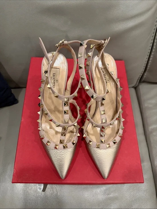 Valentino Metallic Gold Rockstud Pointed T-Strap Pumps