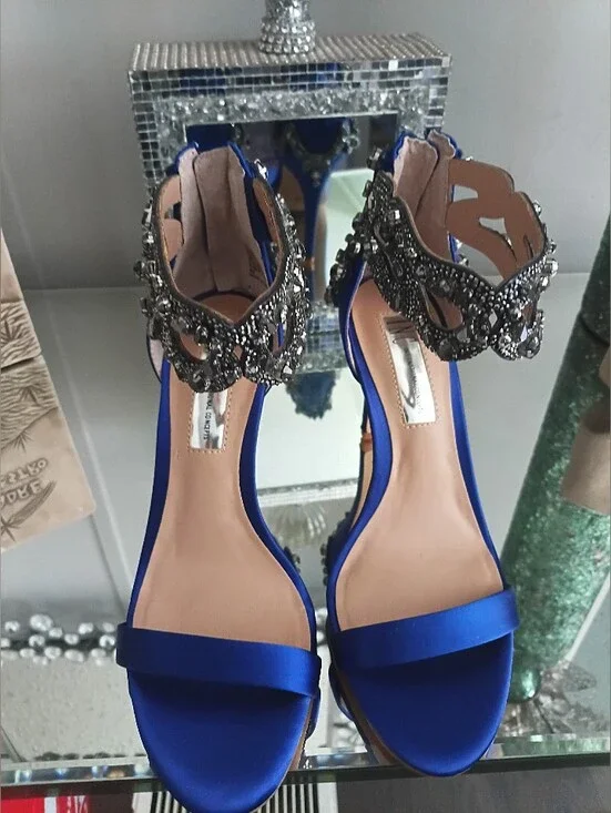 Satin Royal Blue Open-Toe Heels with Crystal Embellished Ankle Strap