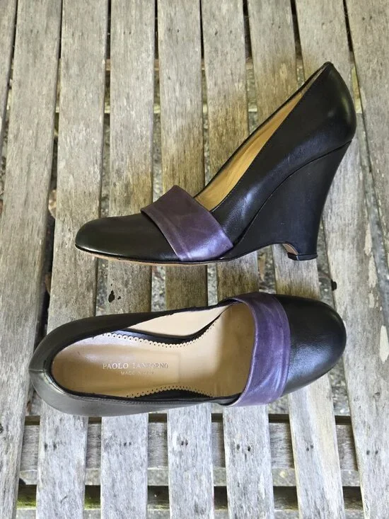 PAOLO IANTORNO Navy Purple Leather Wedge Pumps Shoes 38.5