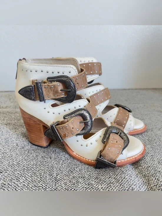 Freebird by Steven White and Tan Buckle Block Heel Sandals