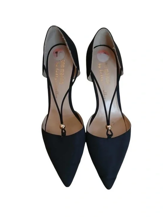 Ann Marino Black Pointed T-Strap Heels with Gold Accent
