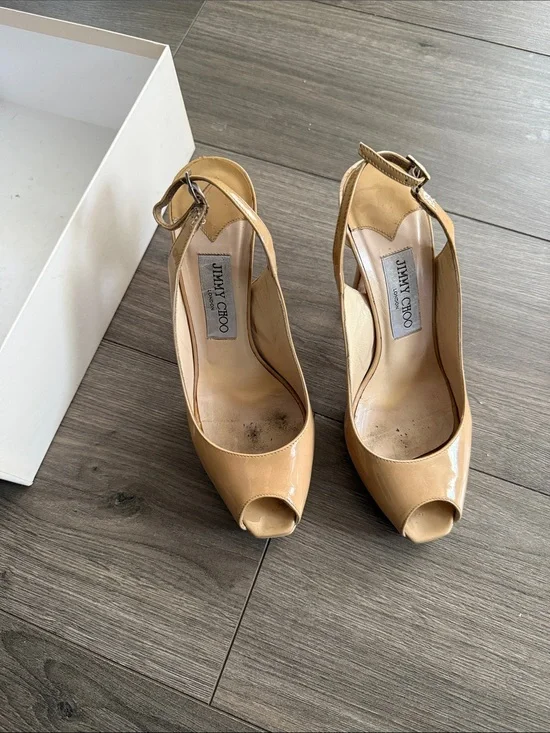 Jimmy Choo Beige Patent Leather Peep-Toe Heels