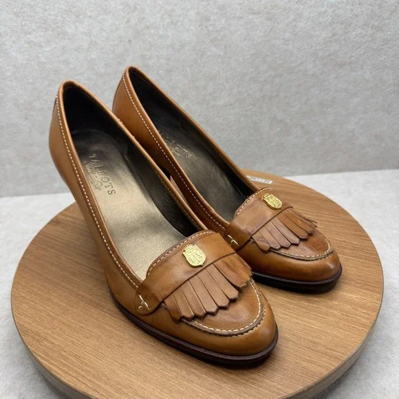Talbots Leather Kiltie Loafer Pumps 8 Tan Brown Fringe Block Heel Vintage Preppy