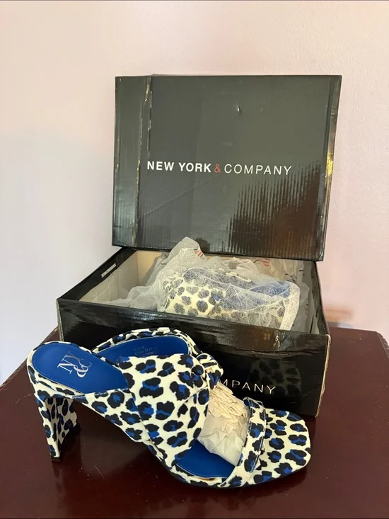 New York & Company Blue and White Leopard Print Slip-On Heels