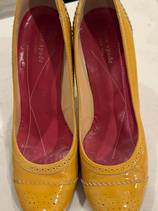 kate spade Yellow Patent Leather Round-Toe Pumps with Pink Insole