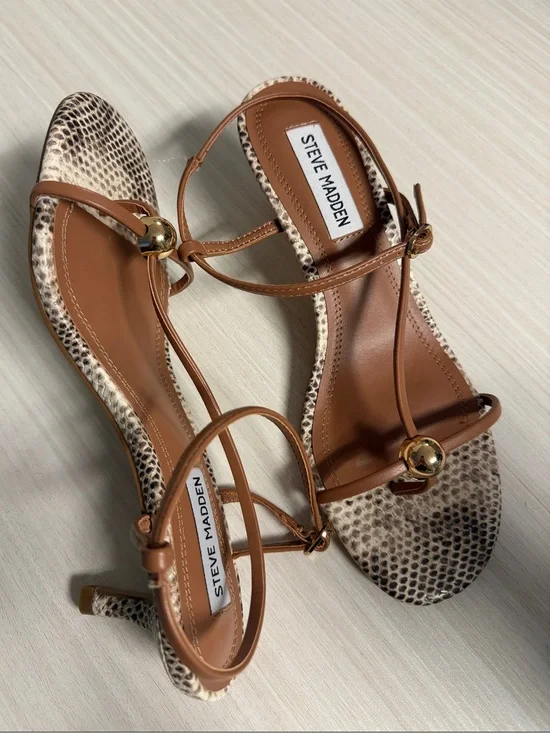 Steve Madden Tan Leather Heels with Snake-Print Footbed