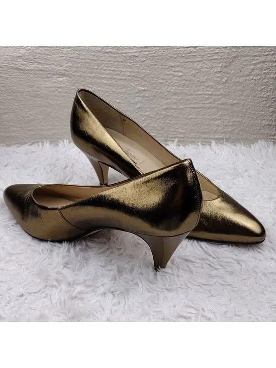 Etienne Aigner Gail Gold Leather  Pointed-Toe Skinny Heel Slip On Pump Shoe