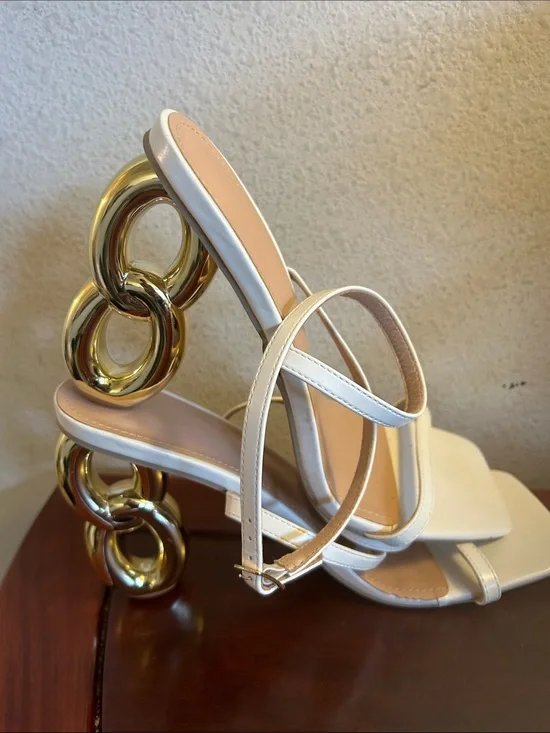 White Strappy Heeled Sandals with Sculptural Gold Ring Heel