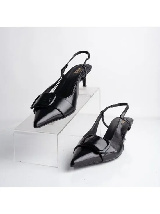 Zara Womens Leather Slingbacks Heels Pumps Black Pointed Toe US 7.5 EU 38 NWB