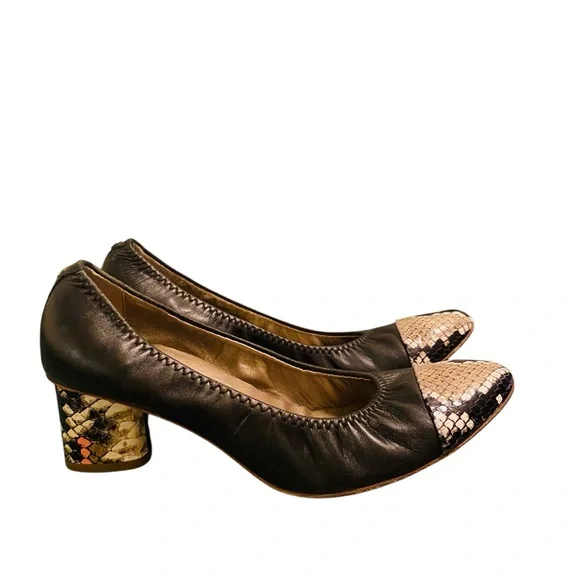 NEW AGL Attilio Giusti Leombruni Women's Black Snakeskin Cap Toe Pump Heels 38.5