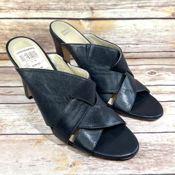 Johnston & Murphy Womens Black Woven Leather High Heel Mule Slip On Shoes 10M