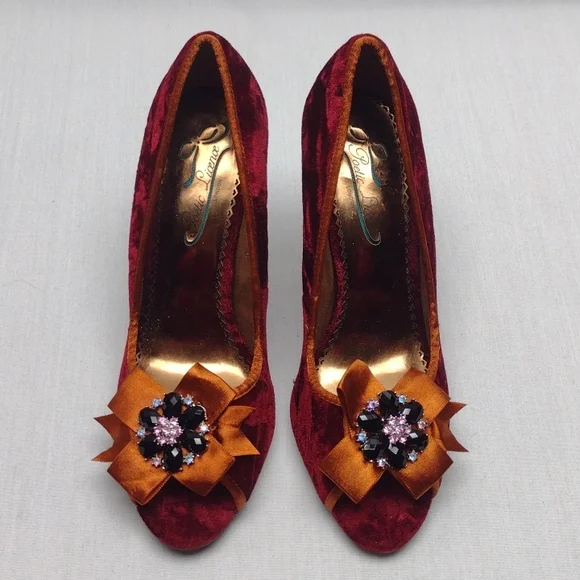 Poetic License Burgundy Velvet Heels with Gold Bow & Jewel Accent