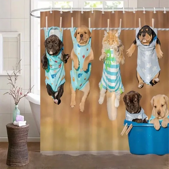 Hanging Puppies & Kitten Novelty Shower Curtain
