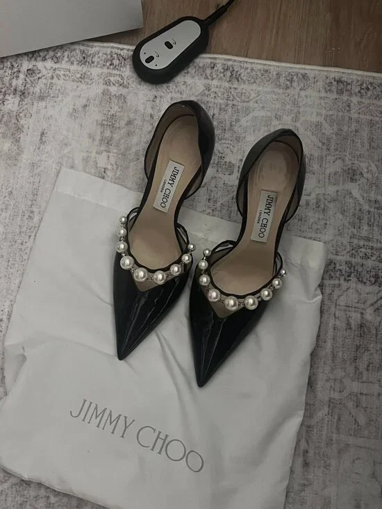 Jimmy Choo Black Aurelie d'Orsay 85mm Pearl Patent Leather Pumps EU 39 / US 8.5