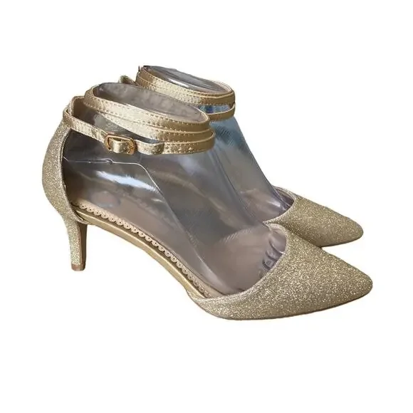 new Journee Luela D'Orsay Gold Glitter Pumps sz US 7 NWOT Kitten Heel Wrap Ankle