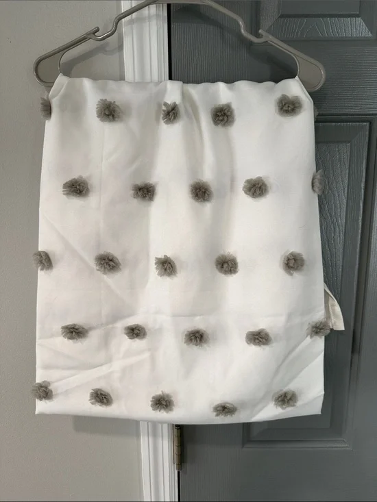 White Fabric shower curtain with Gray Pom-Pom Accents