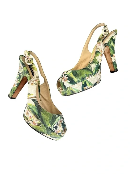 Dolce & Gabbana Women’s Green Floral Cloth Jaquard Y2K Peep Toe Heels Size 39